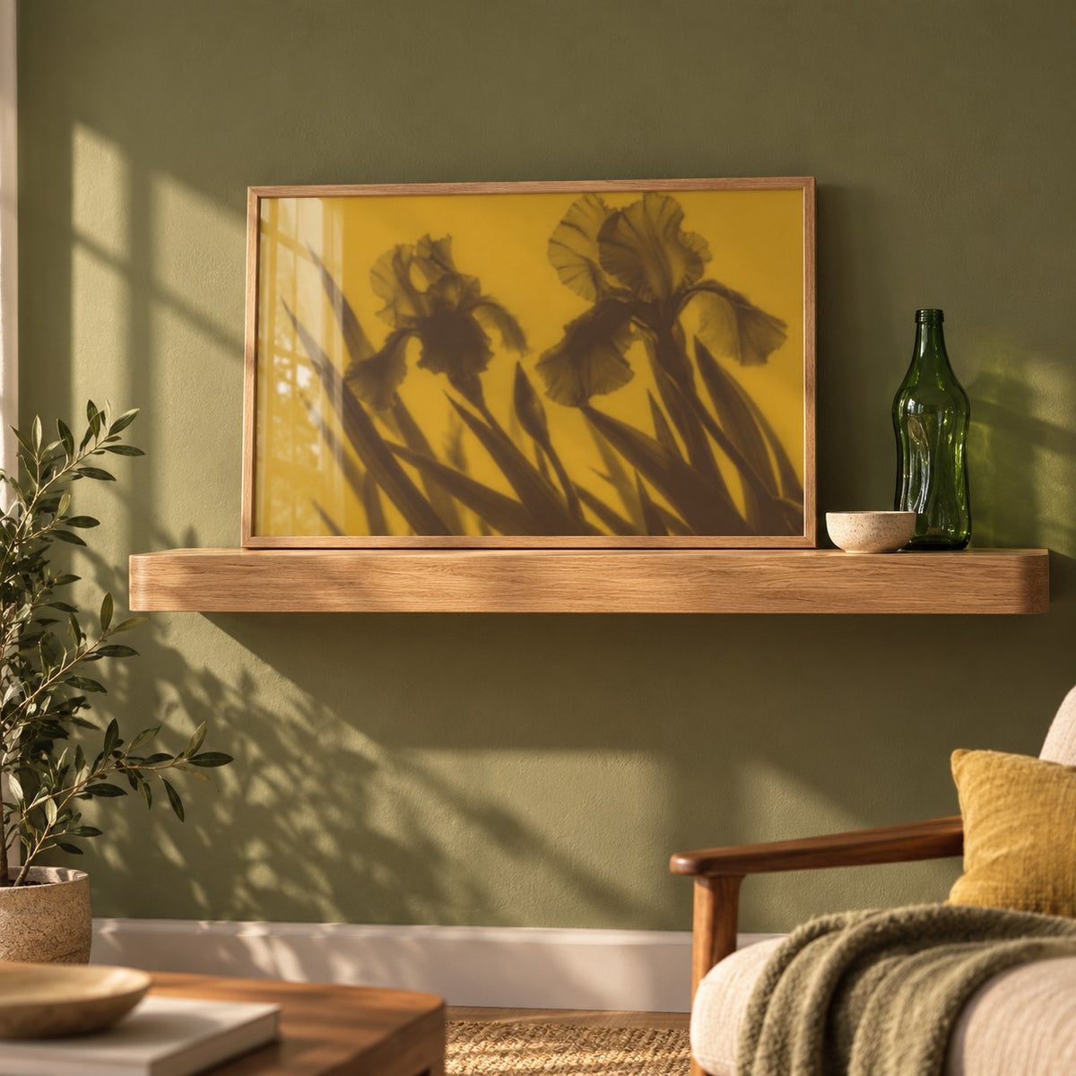 Brown Iris Print styled on a shelf against a green wall (frame not included)