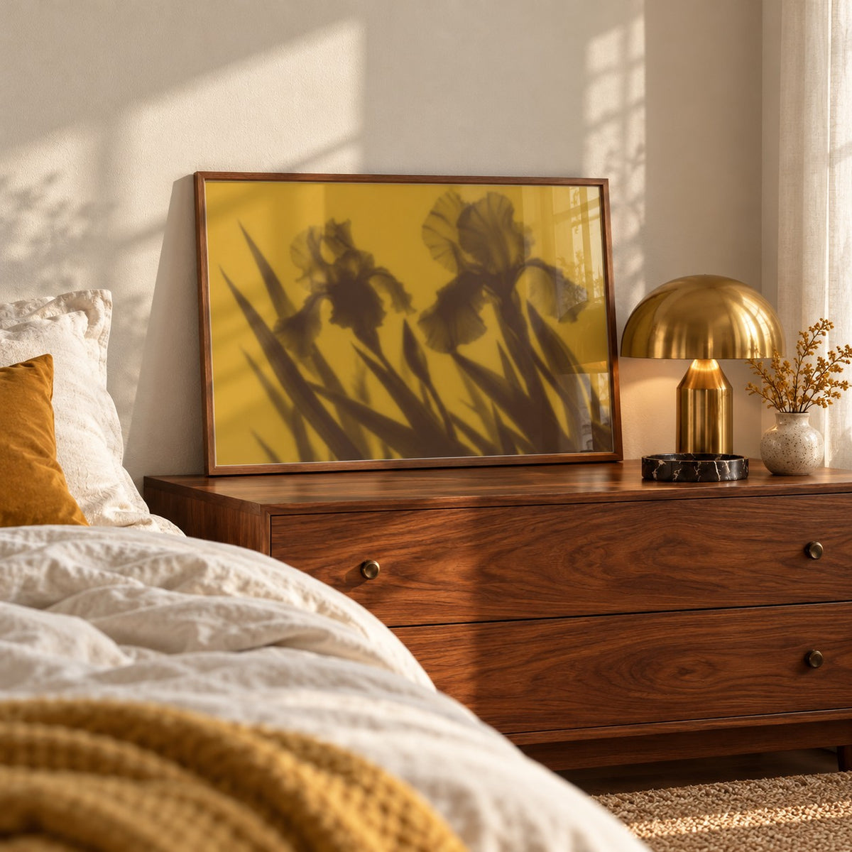 Brown Iris Print styled in a bedroom (frame not included)