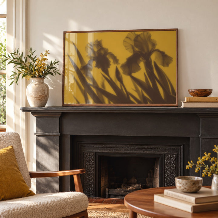 Brown Iris Print styled on a mantelpiece (frame not included)