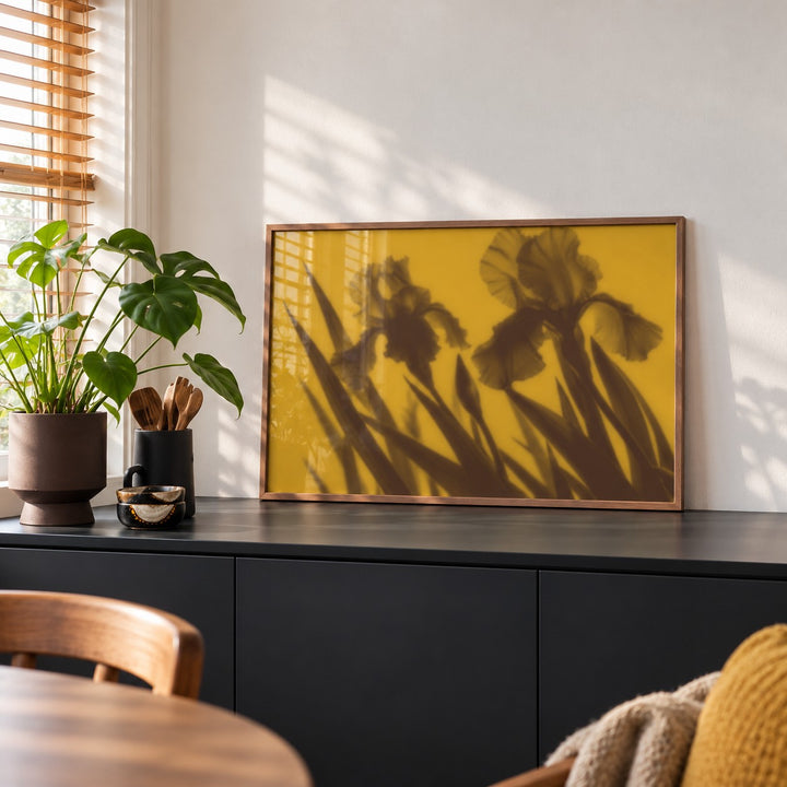 Brown Iris Print styled on a black sideboard (frame not included)