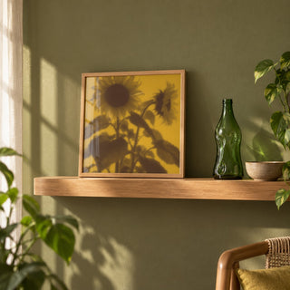 Brown Sunflower Print styled on a shelf against a green wall (frame not included)