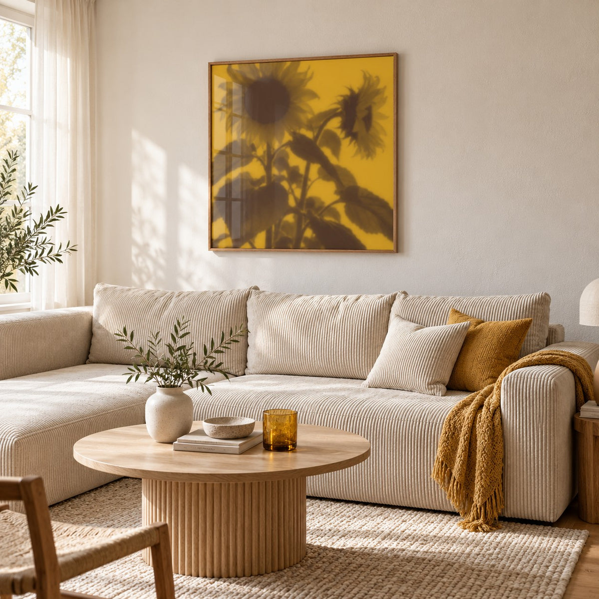 Brown Sunflower Print styled in a living room (frame not included)