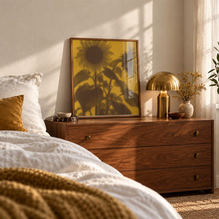 Brown Sunflower Print styled in a bedroom (frame not included)