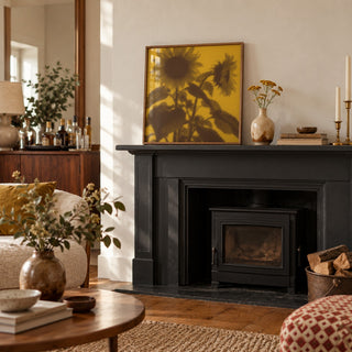 Brown Sunflower Print styled on a mantelpiece (frame not included)