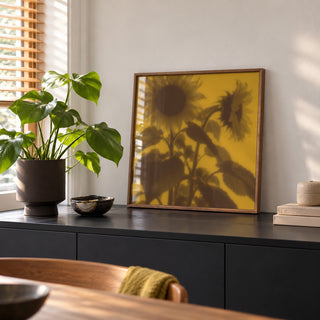 Brown Sunflower Print styled on a black sideboard (frame not included)