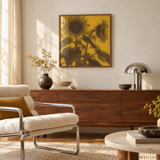 Brown Sunflower Print styled above a sideboard (frame not included)