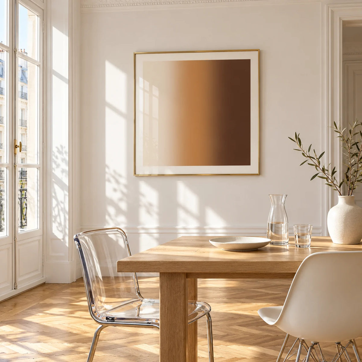 Brown Wall Art, framed on the wall of a bright dining corner