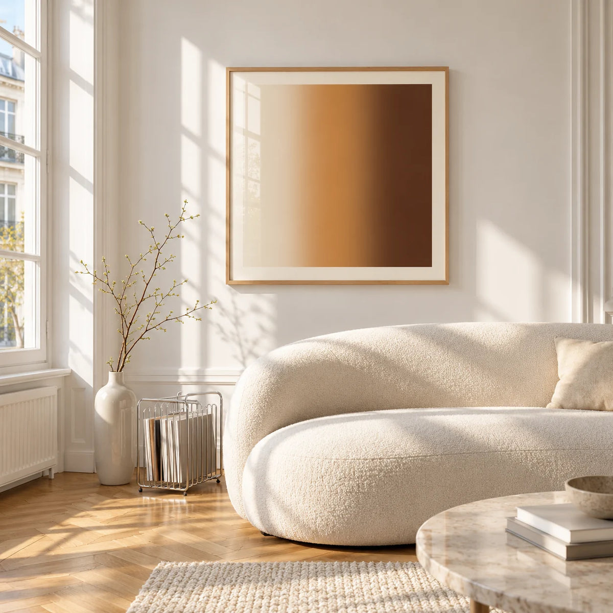 Brown Wall Art, framed on the wall of a bright living room corner