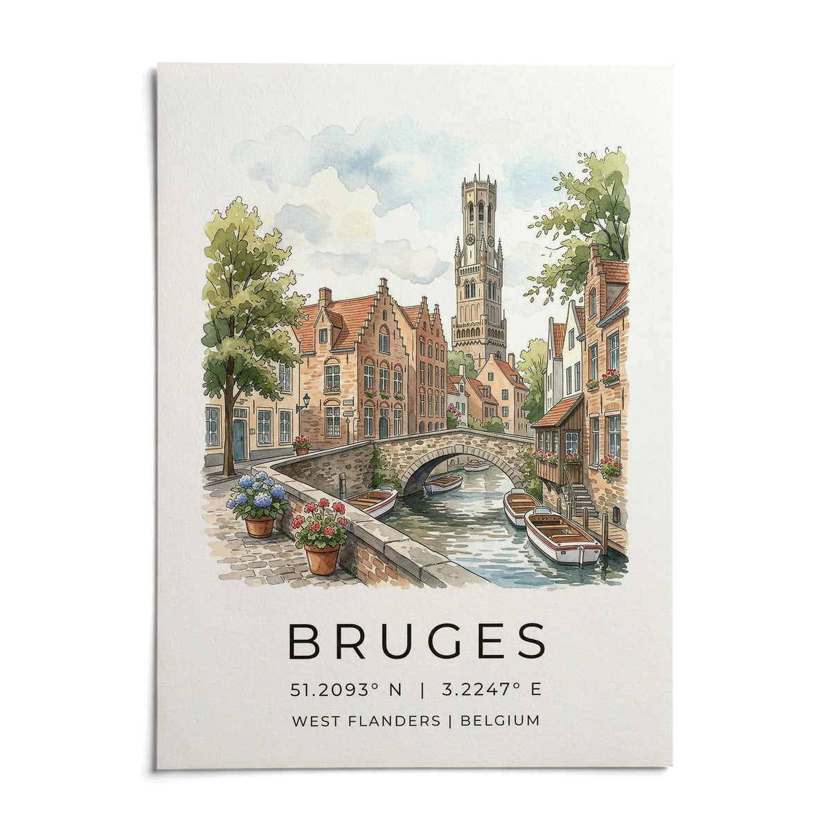 Bruges Canal Art Print, shown as an unframed paper print on a plain white background