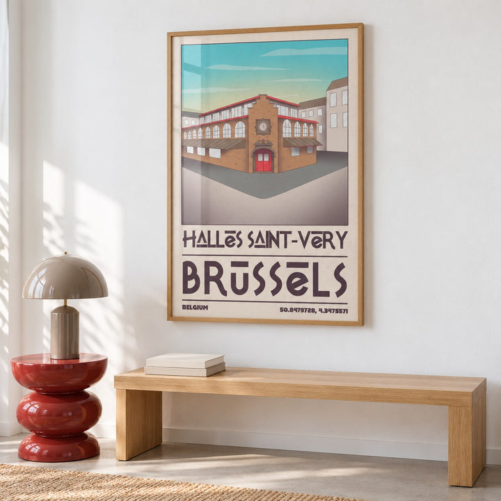 Brussels Architecture Art Print shown in a colourful minimalist room (frame not included)