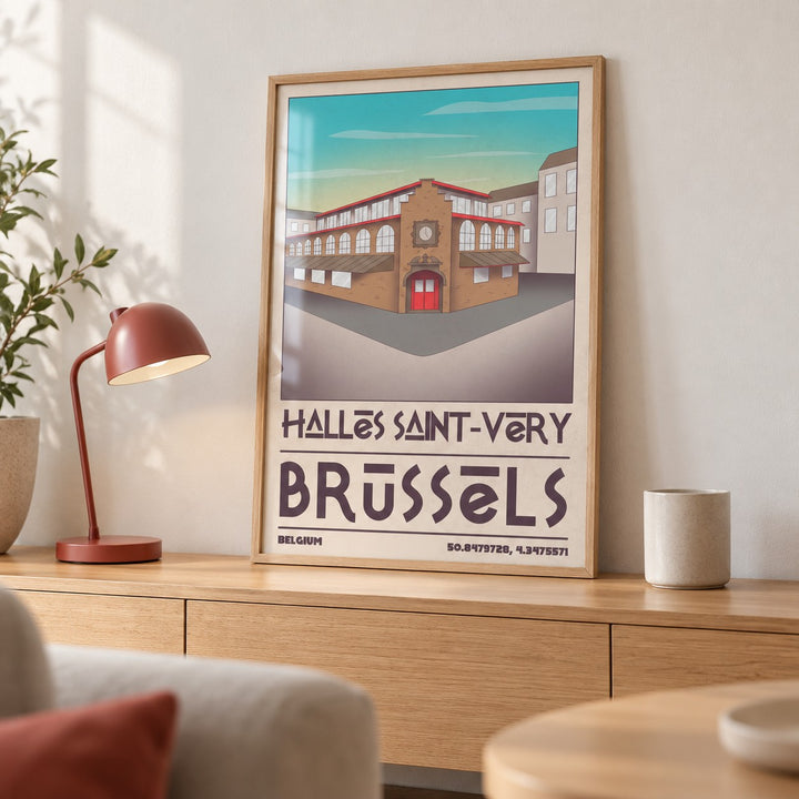 Brussels Architecture Art Print shown in a living room, leaning on an oak console (frame not included)