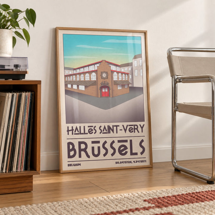 Brussels Architecture Art Print shown in a living room, leaning on the floor by a chrome chair (frame not included)