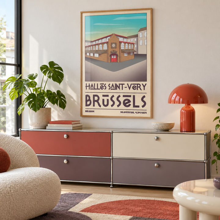 Brussels Architecture Art Print shown in a playful retro modern room (frame not included)