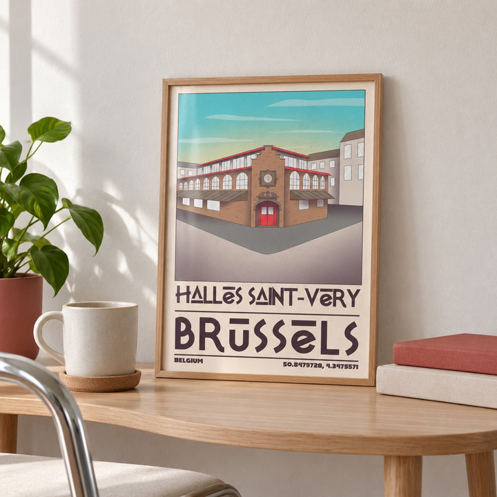 Brussels Architecture Art Print shown in the small A4 size on a side table (frame not included)