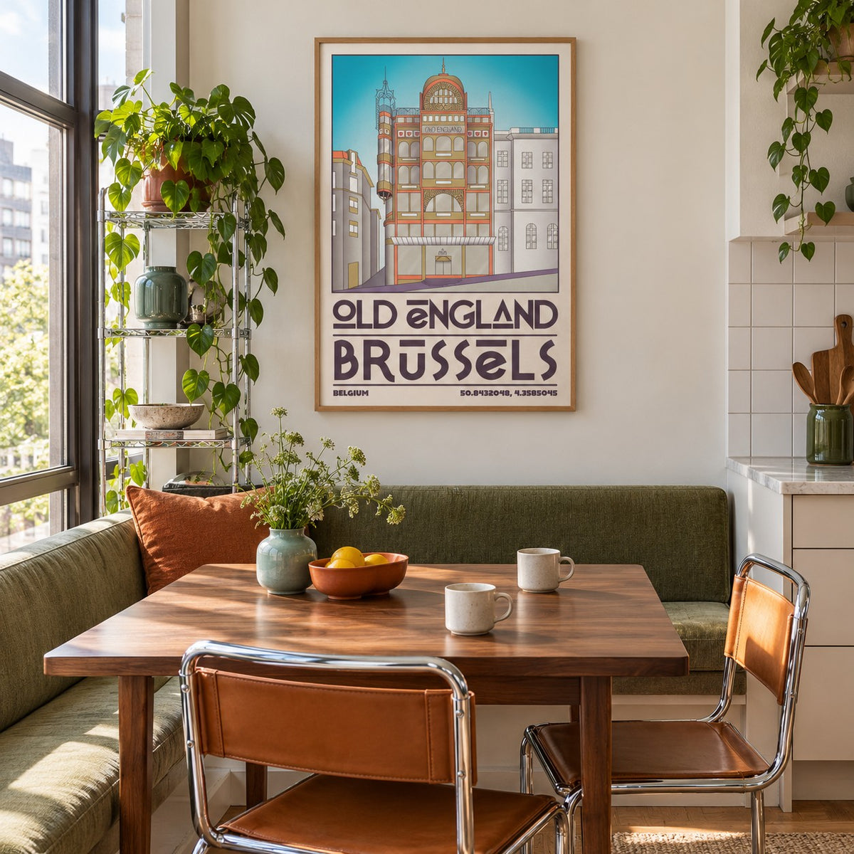 Brussels Architecture Print shown in a breakfast nook (frame not included)