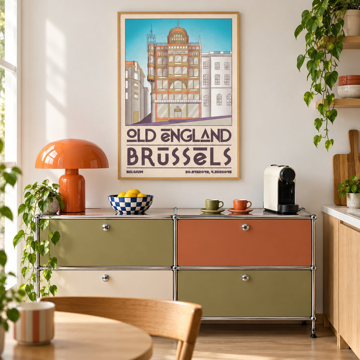 Brussels Architecture Print shown in a kitchen above a coffee station (frame not included)
