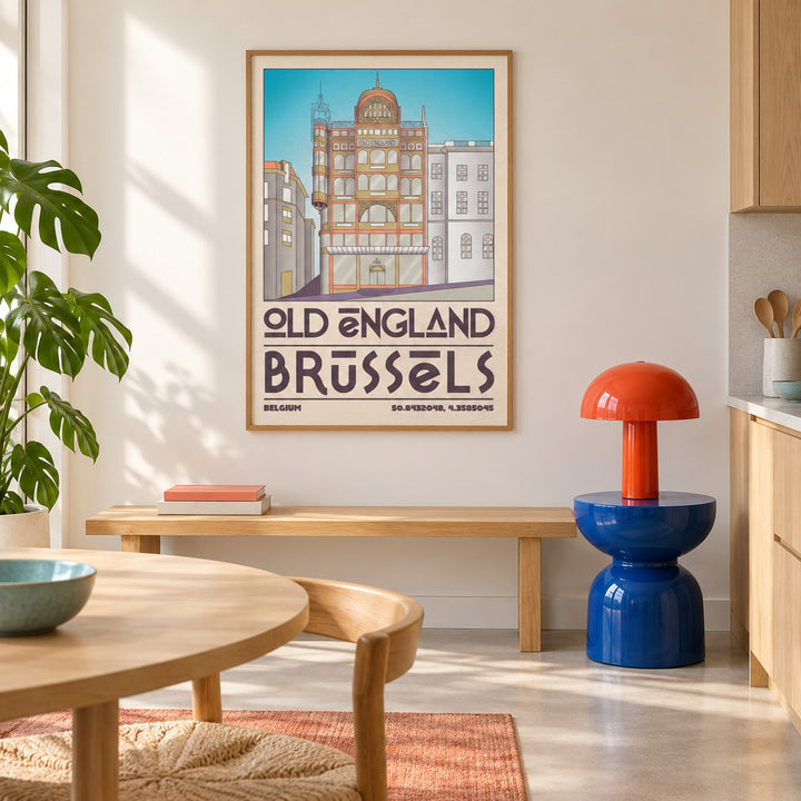 Brussels Architecture Print shown in a colourful minimalist room (frame not included)