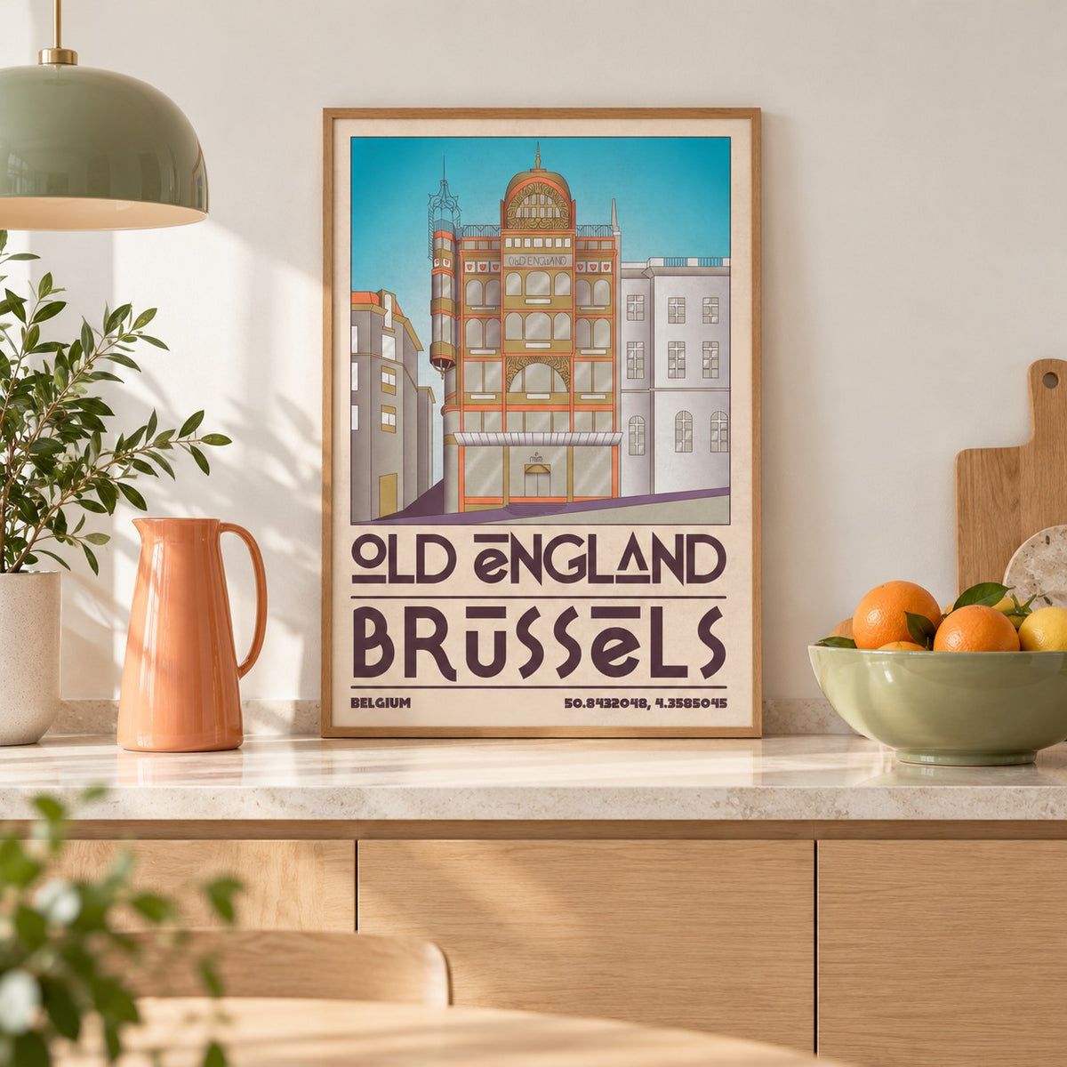Brussels Architecture Print shown in a kitchen, leaning on the counter (frame not included)