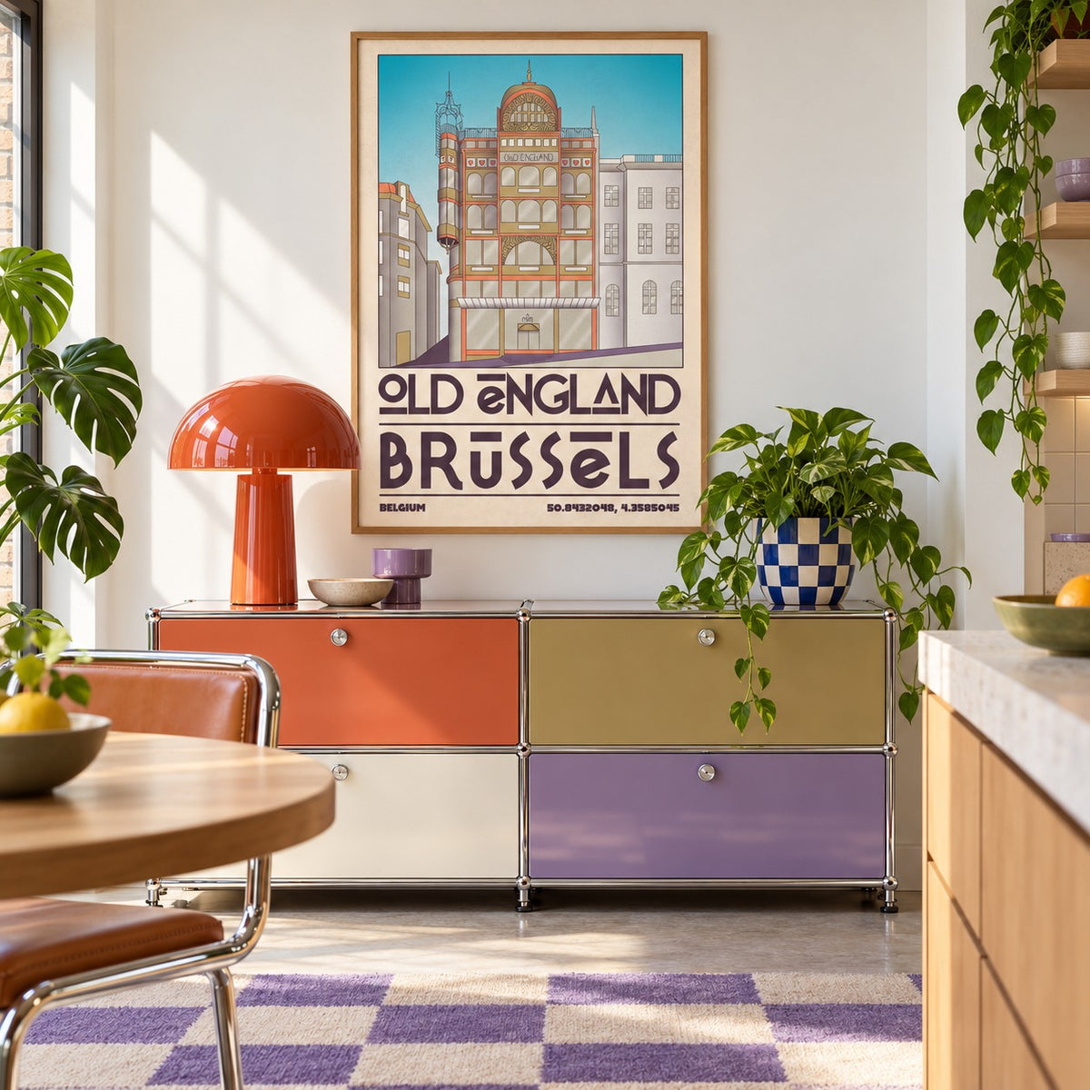 Brussels Architecture Print shown in a playful retro modern room (frame not included)
