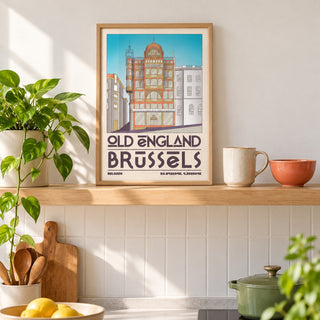 Brussels Architecture Print shown in the small A4 size on a kitchen shelf (frame not included)