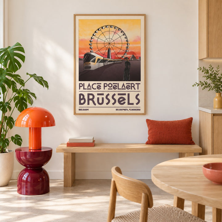 Brussels Cityscape Art Print shown in a colourful minimalist room (frame not included)