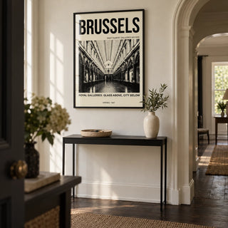 Brussels Gallery Print, framed on the wall of a characterful hallway in a London mansion flat with an arched doorway