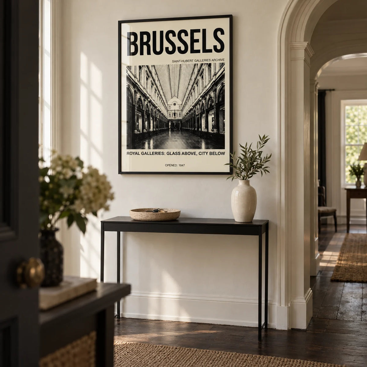 Brussels Gallery Print, framed on the wall of a characterful hallway in a London mansion flat with an arched doorway