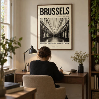 Brussels Gallery Print, framed on the wall of a compact study in a Victorian terrace with an ivory wall and a walnut desk