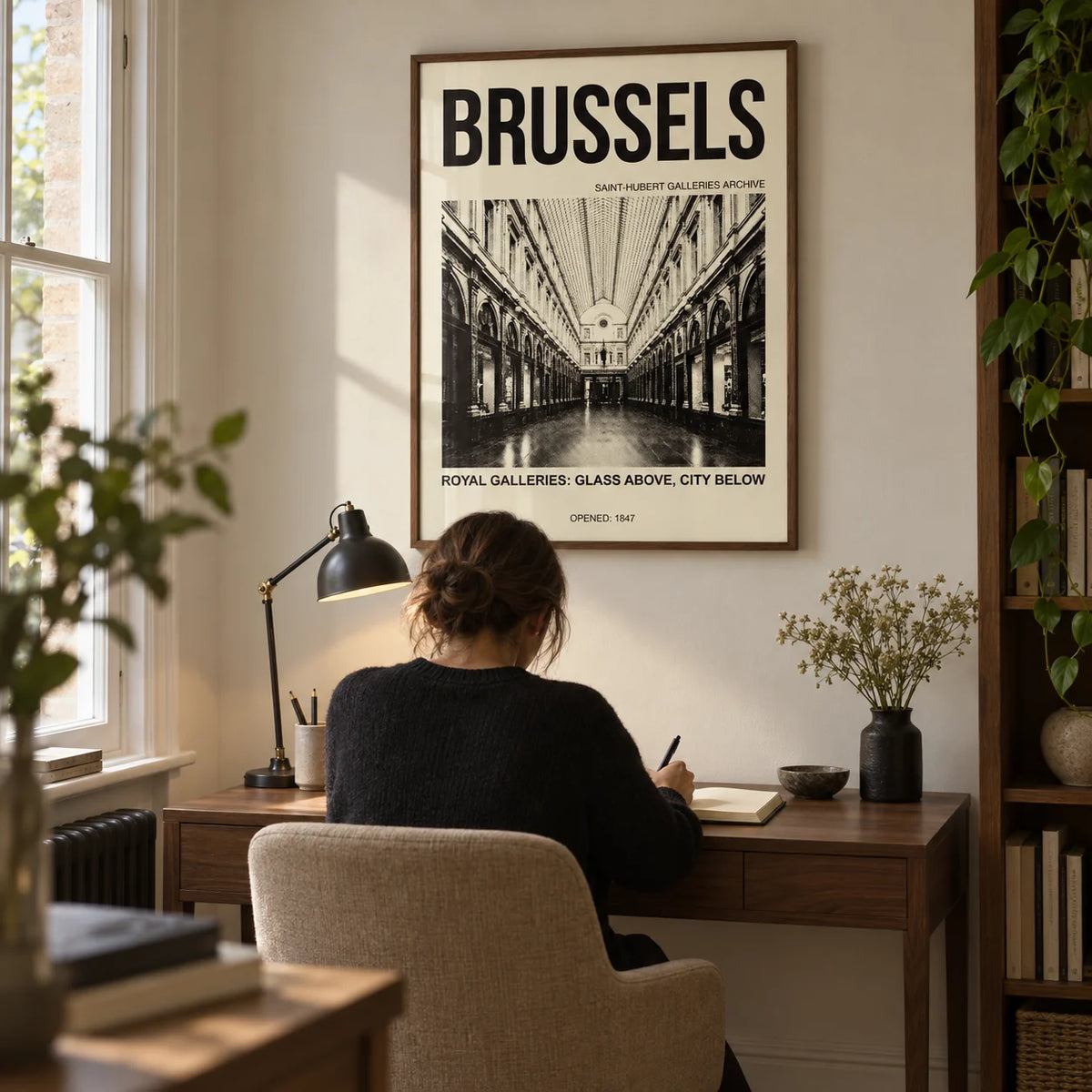 Brussels Gallery Print, framed on the wall of a compact study in a Victorian terrace with an ivory wall and a walnut desk