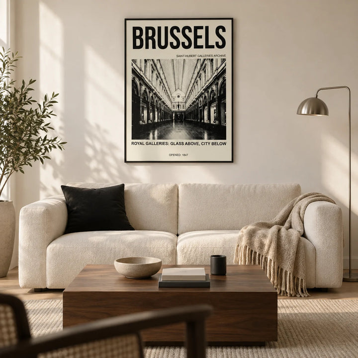 Brussels Gallery Print, framed on the wall of a design-led living room in a UK city flat with warm white walls and pale oak flooring