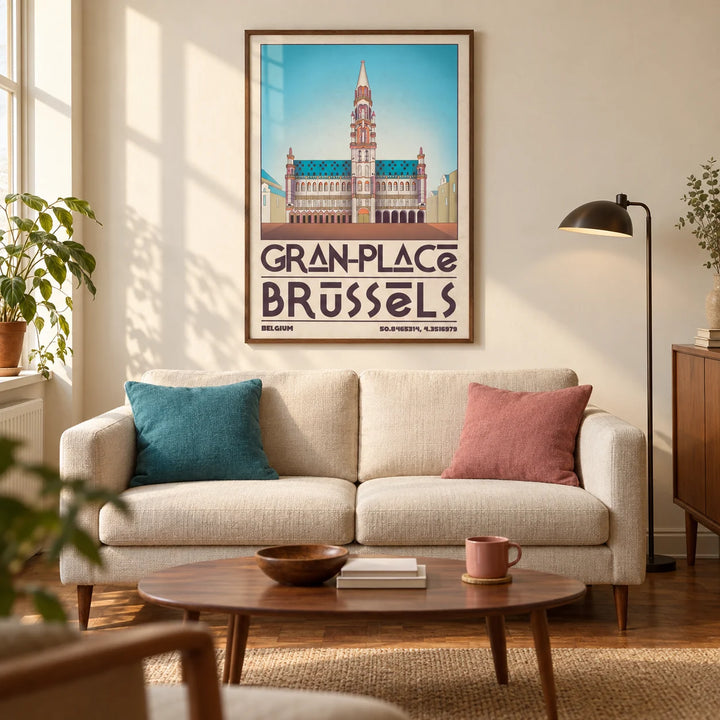 Brussels Grand Place Art Print, framed on the wall of a characterful mid-century living room in a UK city flat with warm cream walls and a walnut parquet floor