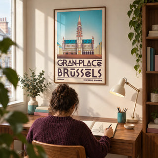 Brussels Grand Place Art Print, framed on the wall of a compact architecture enthusiast's home study in a UK flat with a warm white wall and fitted walnut shelving