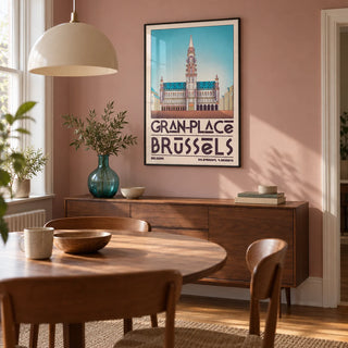 Brussels Grand Place Art Print, framed on the wall of a modest dining room in a UK terrace with a muted dusty pink wall and warm timber flooring