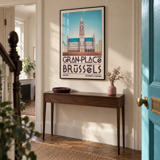 Brussels Grand Place Art Print, framed on the wall of a tall hallway in a renovated UK Victorian terrace with pale stone walls and original timber floorboards