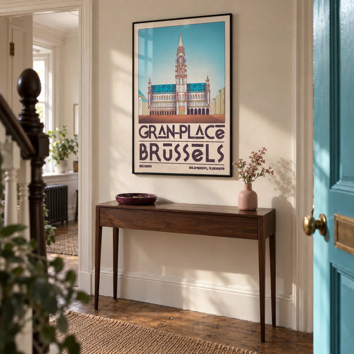 Brussels Grand Place Art Print, framed on the wall of a tall hallway in a renovated UK Victorian terrace with pale stone walls and original timber floorboards