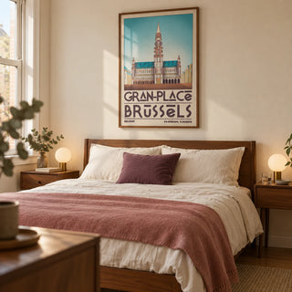 Brussels Grand Place Art Print, framed on the wall of a warm mid-century bedroom in a UK city flat with cream plaster walls