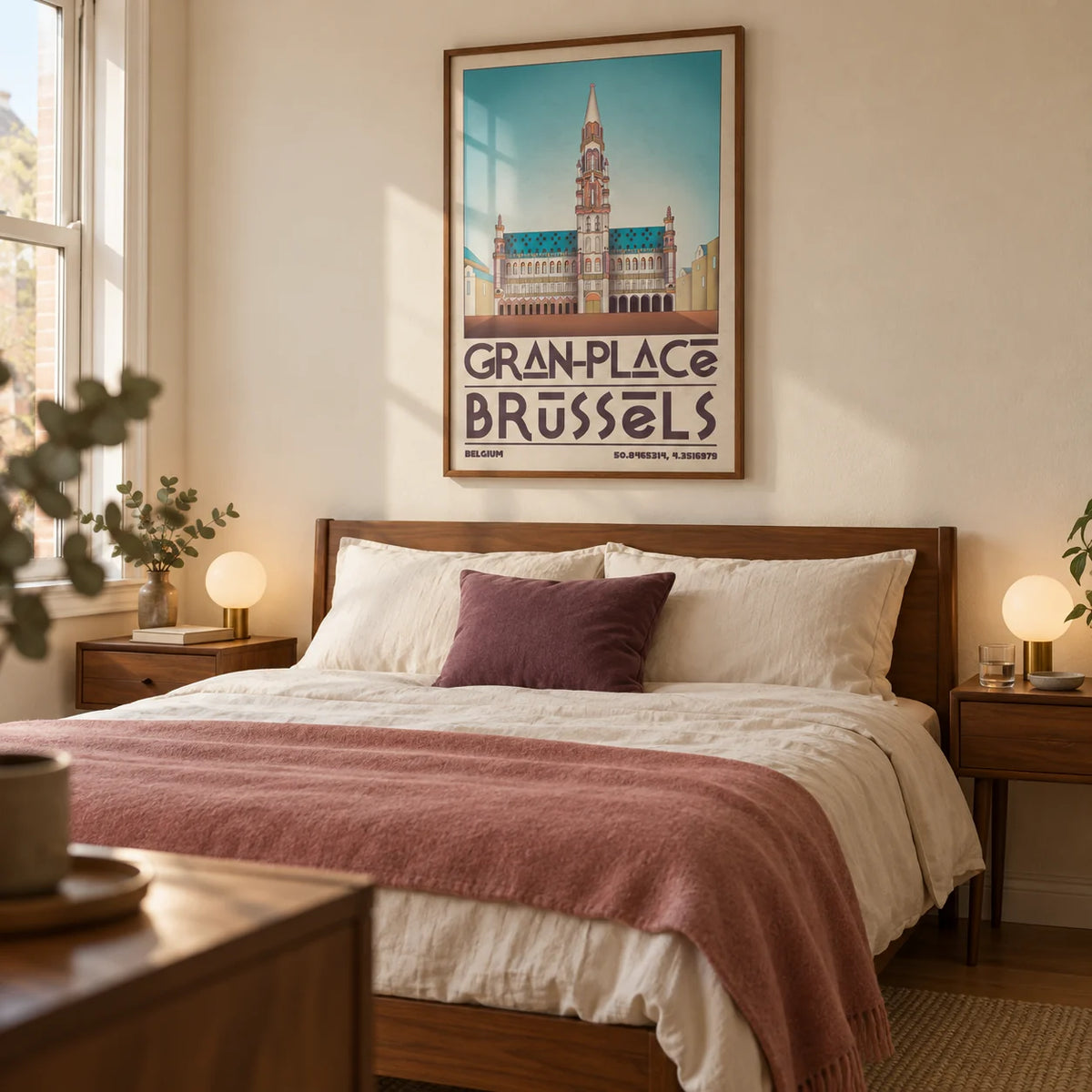 Brussels Grand Place Art Print, framed on the wall of a warm mid-century bedroom in a UK city flat with cream plaster walls