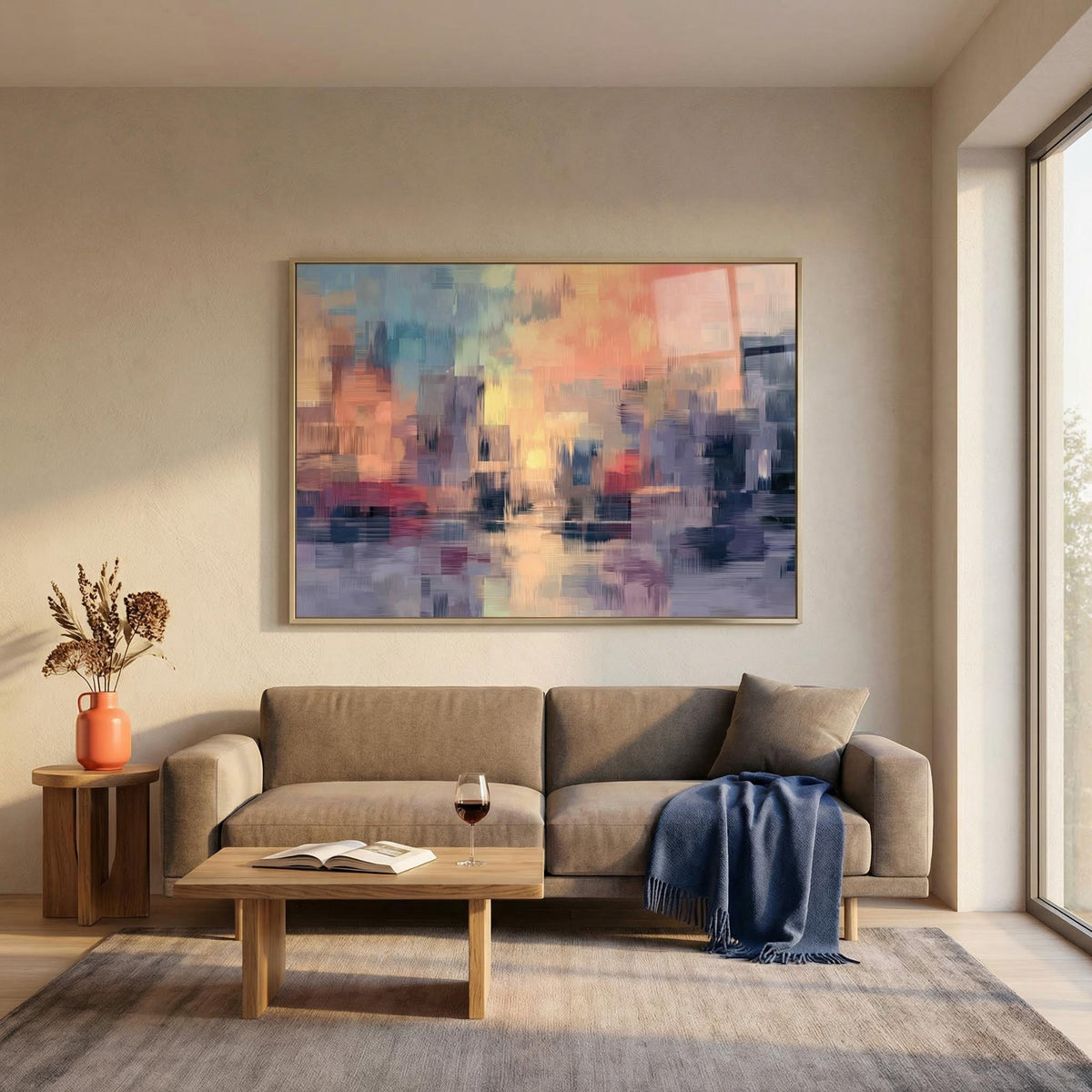 Living room with a brown sofa, abstract painting, and coffee table.