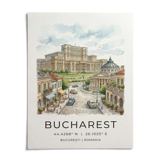 Bucharest Cityscape Art Print, shown as an unframed paper print on a plain white background