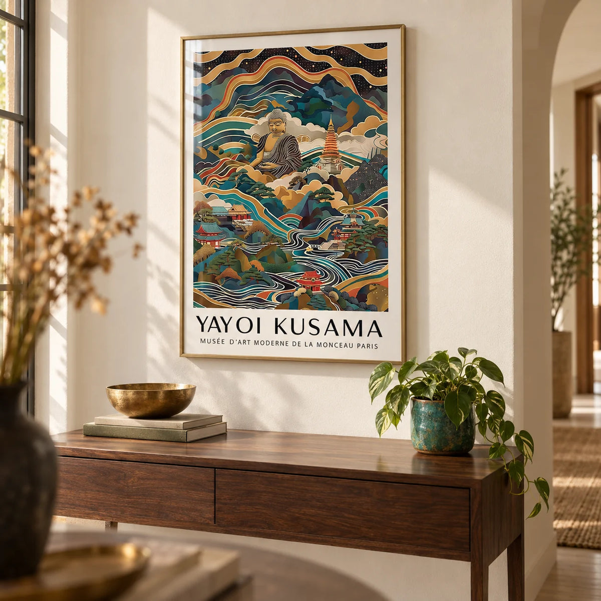 Buddha Poster, framed on the wall of a calm hallway with a warm white wall