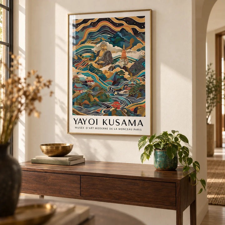 Buddha Poster, framed on the wall of a calm hallway with a warm white wall