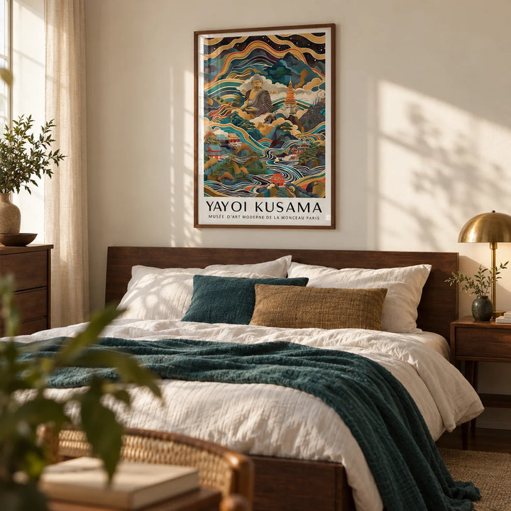 Buddha Poster, framed on the wall of a calm warm bedroom with a soft cream wall