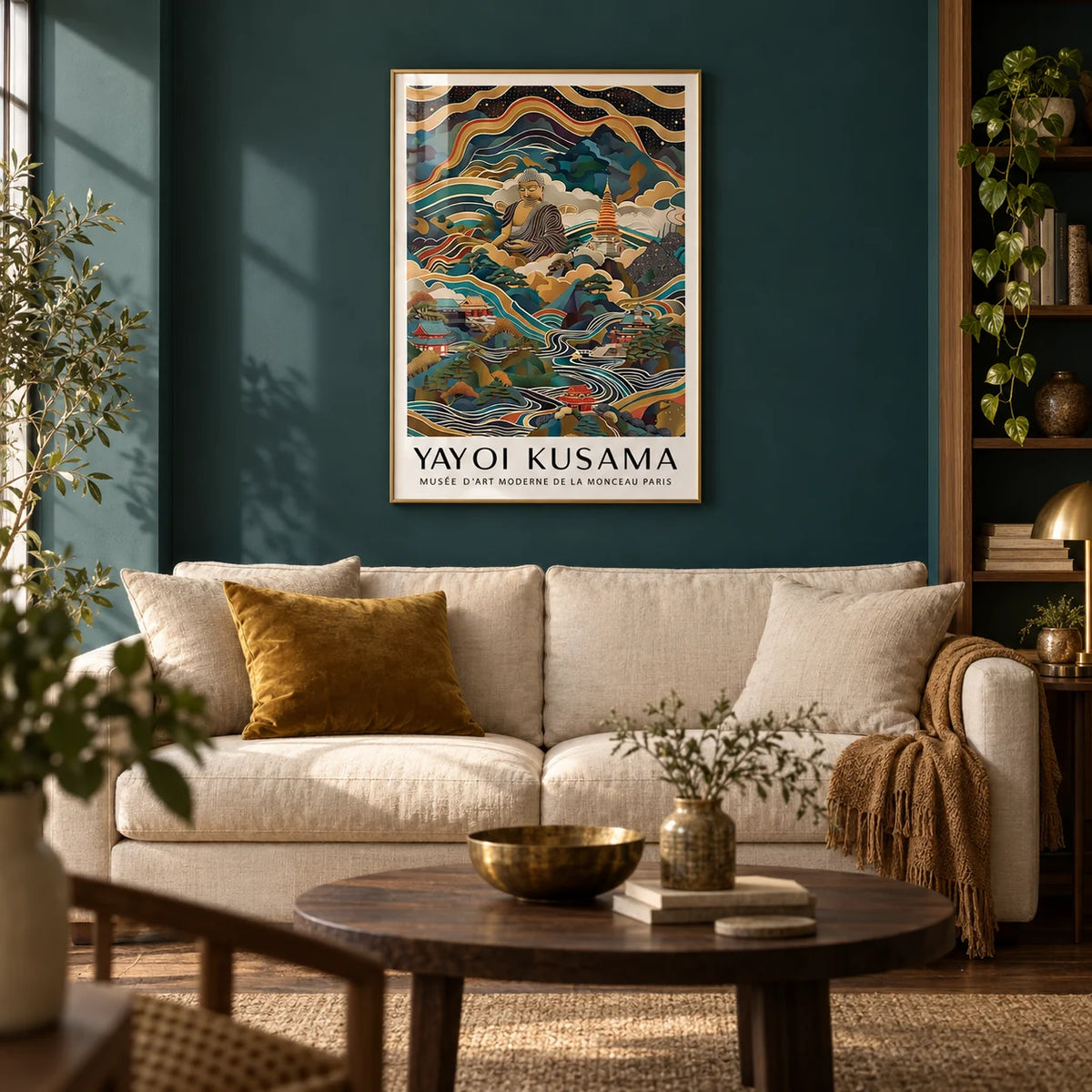 Buddha Poster, framed on the wall of a calm warm living room with a deep teal painted wall and a dark oak floor