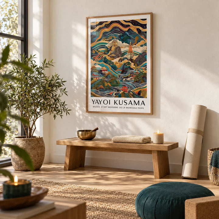 Buddha Poster, framed on the wall of a quiet meditation and yoga corner with a warm white plaster wall and a pale oak floor