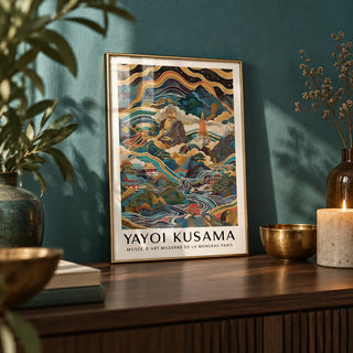 Buddha Poster, a small A4 framed print leaning on a dark wood shelf in a living room