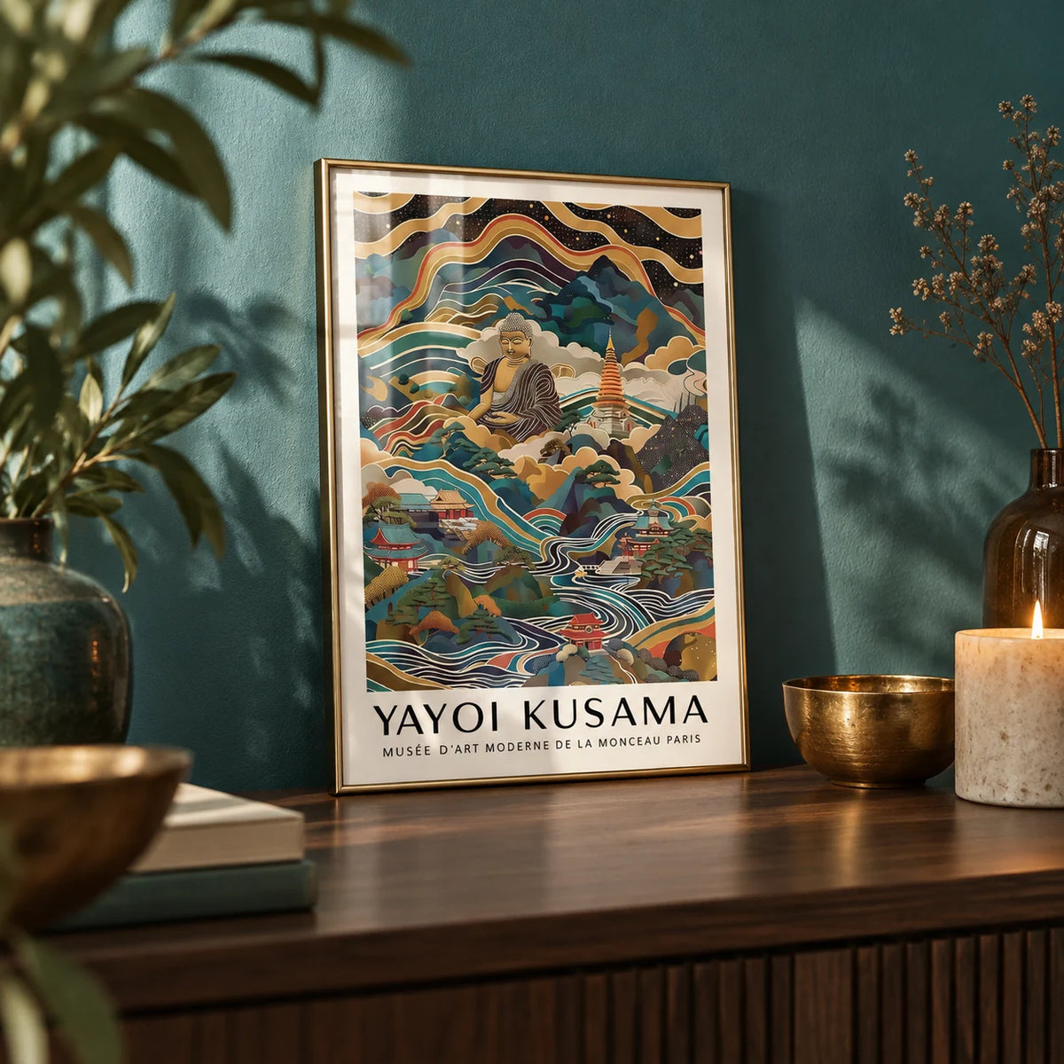 Buddha Poster, a small A4 framed print leaning on a dark wood shelf in a living room