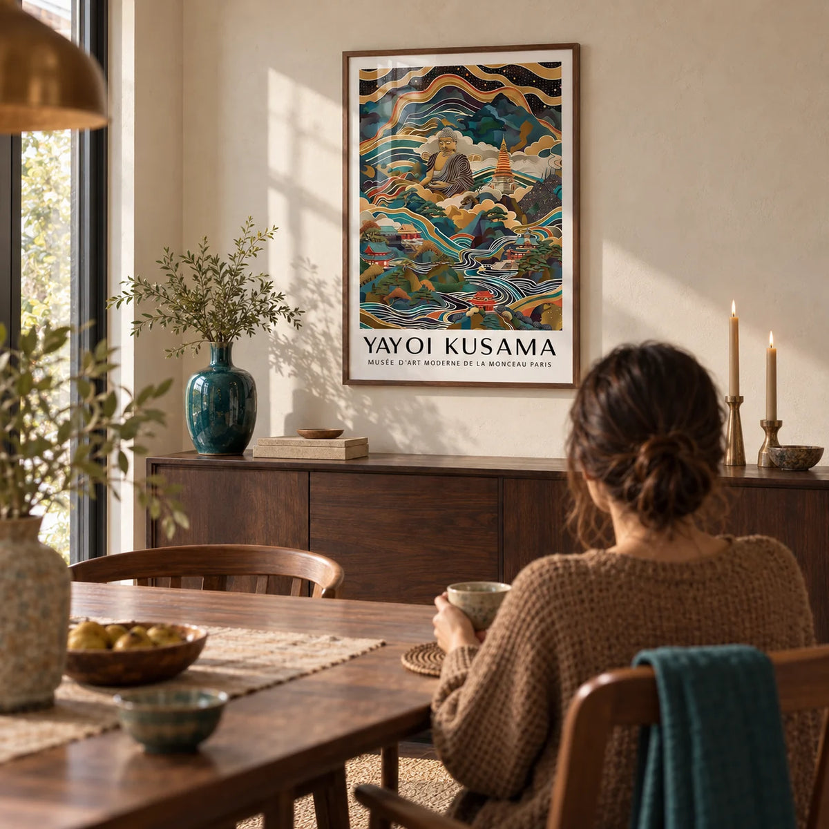 Buddha Poster, framed on the wall of a warm dining room with a cream plaster wall