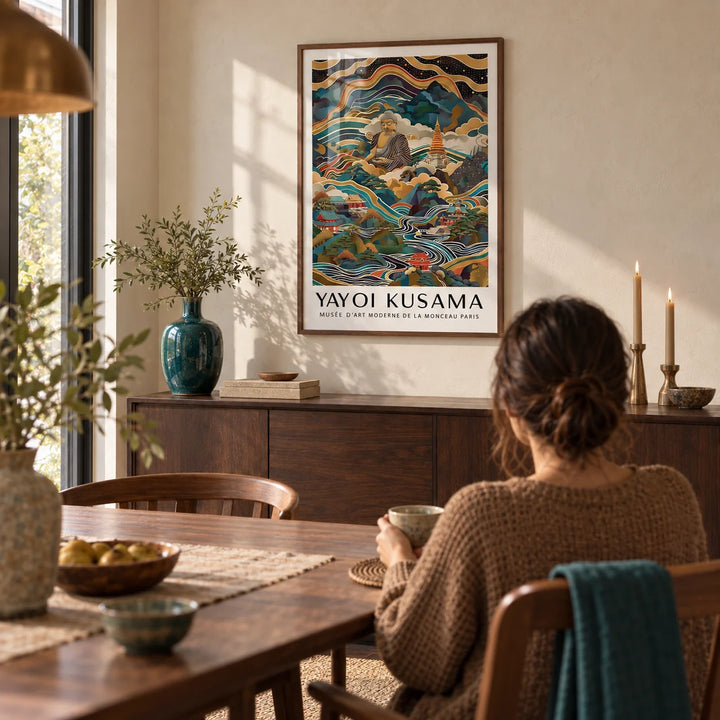 Buddha Poster, framed on the wall of a warm dining room with a cream plaster wall