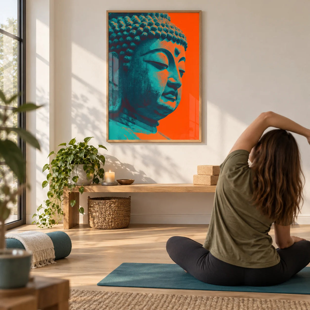 Buddha Wall Art, framed on the wall of a bright modern yoga room with a white wall and a pale oak floor in a living room