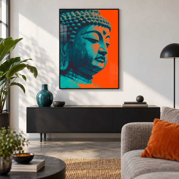Buddha Wall Art, framed on the wall of a design-led city-flat living room with a white wall and a polished concrete floor